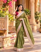Pure Mocha Silk Sequin Work Saree With Unstitched Blouse(Green)
