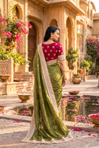 Pure Mocha Silk Sequin Work Saree With Unstitched Blouse(Green)