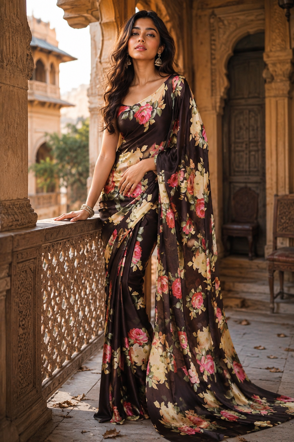 Satin Silk Printed Saree with Unstitched Blouse(Black)