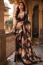 Load image into Gallery viewer, Satin Silk Printed Saree with Unstitched Blouse(Black)
