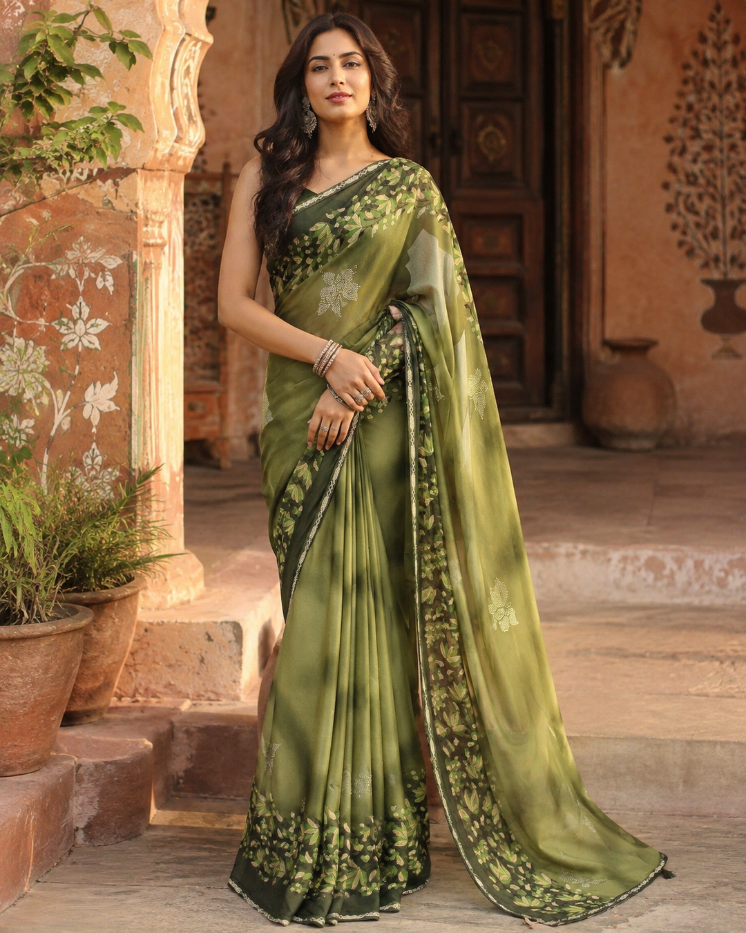 Georgette Floral Printed Saree With Unstitched Blouse(Green)