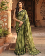 Load image into Gallery viewer, Georgette Floral Printed Saree With Unstitched Blouse(Green)
