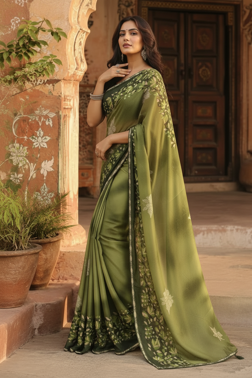 Georgette Floral Printed Saree With Unstitched Blouse(Green)