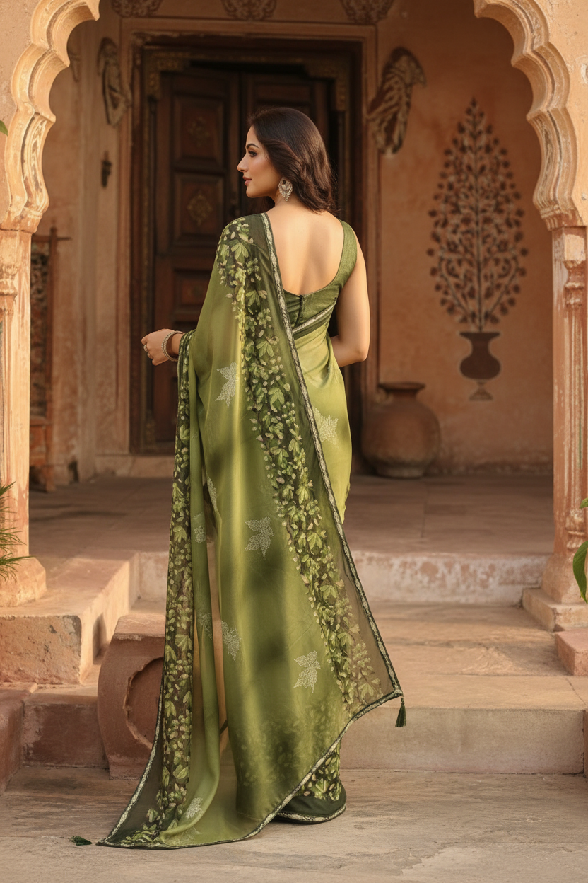 Georgette Floral Printed Saree With Unstitched Blouse(Green)