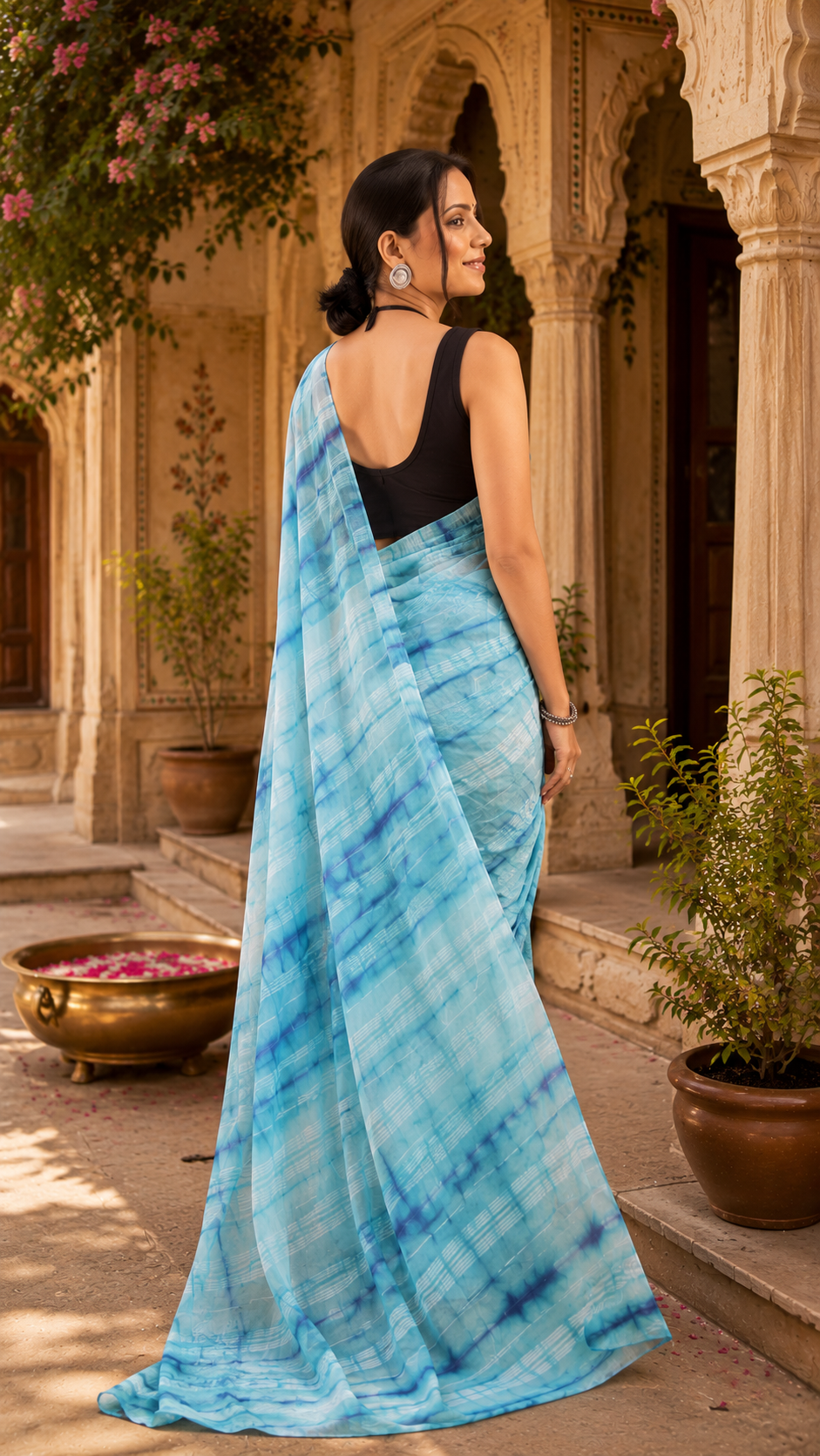 Elegant Georgette Printed Ready To Wear Saree With Unstitched Blouse(Sky Blue)