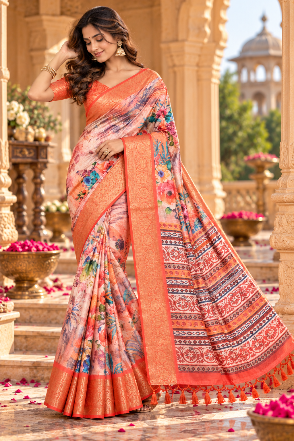 Soft Litchi Silk Digital Print Saree With Unstitched Blouse(Beige)