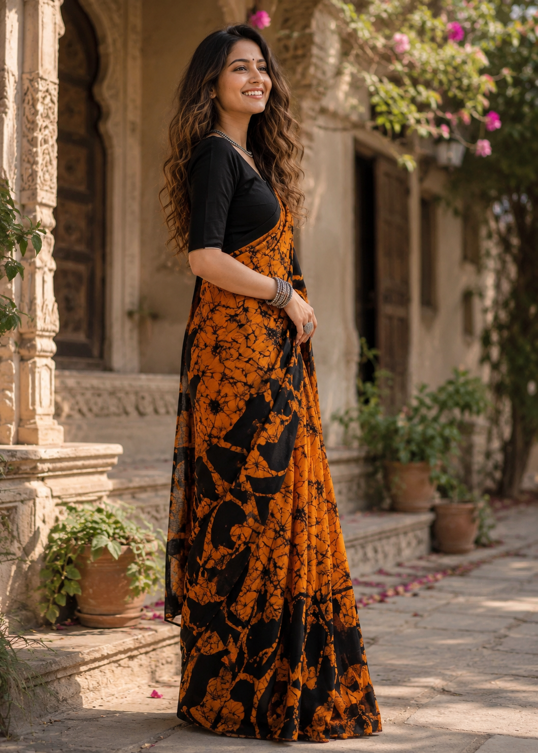 Pure Mulmul Cotton Printed Saree With Unstitched Blouse(Orange)