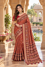 Pure Silk Patola Art Saree With Unstitched Blouse(Red)