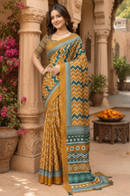 Linen Printed Saree With Unstitched Blouse(Mustard)