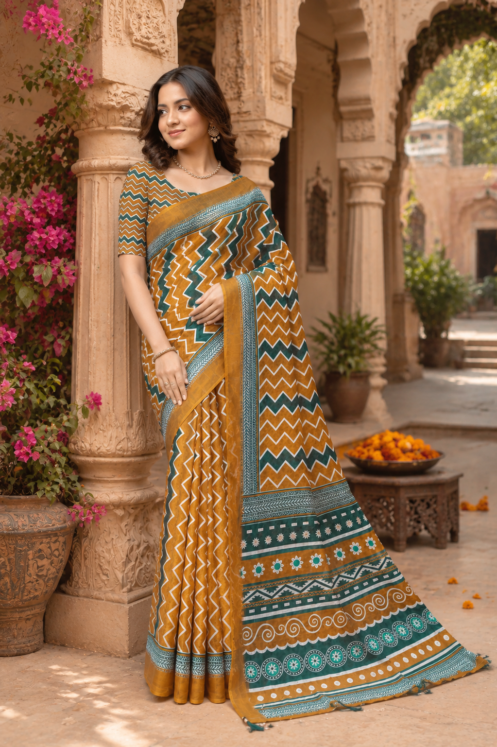 Linen Printed Saree With Unstitched Blouse(Mustard)