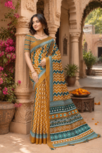 Linen Printed Saree With Unstitched Blouse(Mustard)