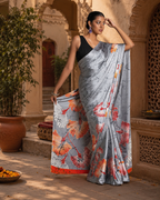 Japan Satin Printed Saree With Unstitched Blouse(Grey)
