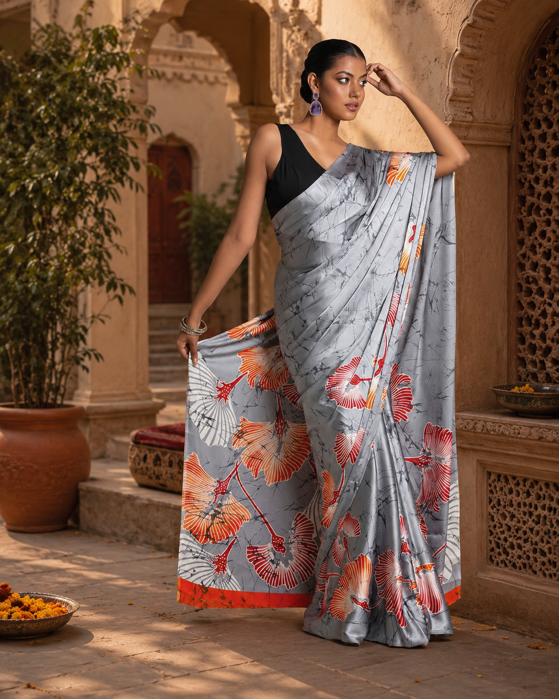 Japan Satin Printed Saree With Unstitched Blouse(Grey)