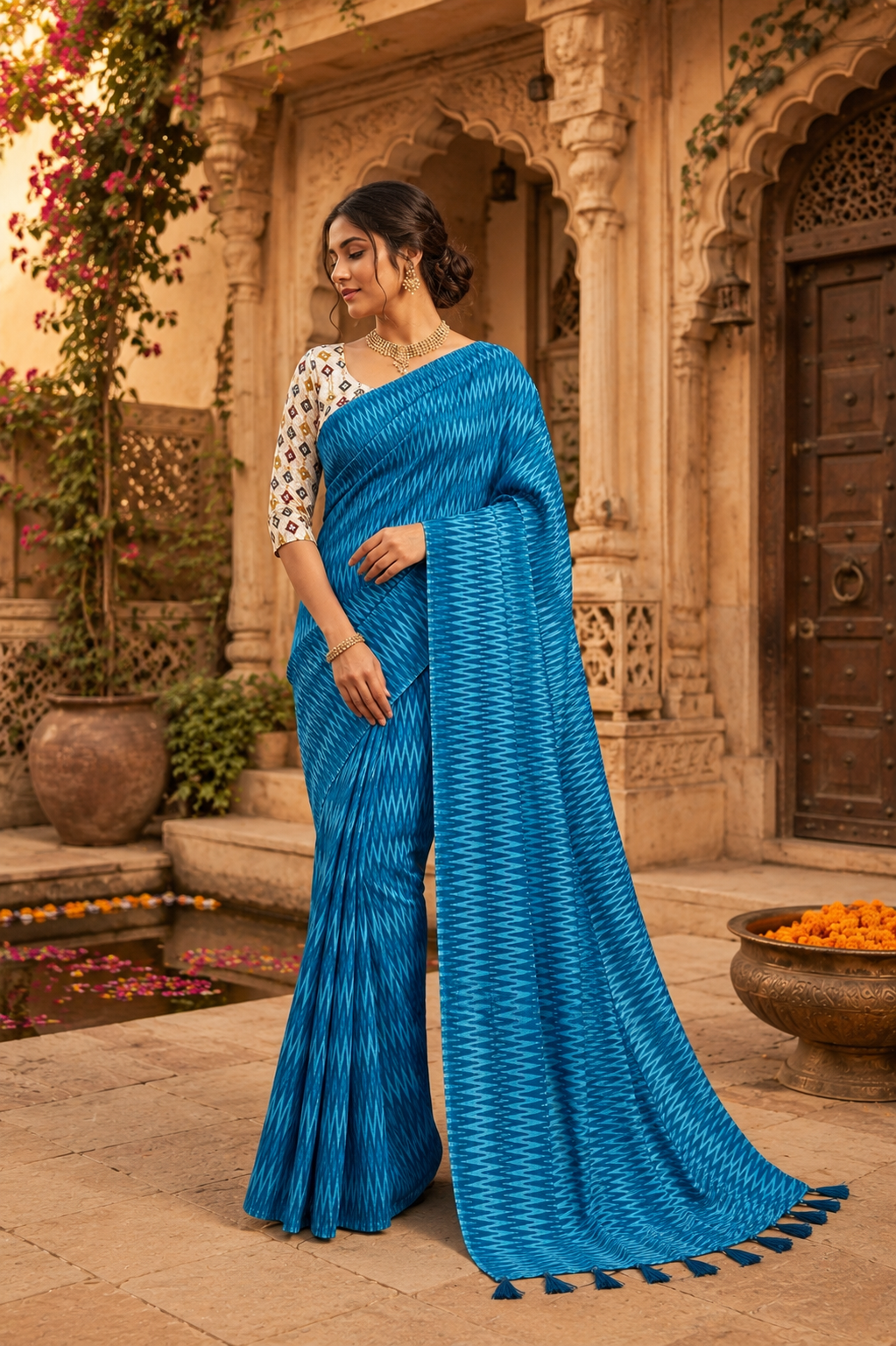 Crepe Silk Printed Sarees With Unstitched Blouse(Blue)