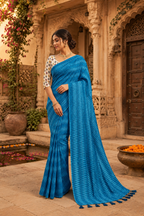 Crepe Silk Printed Sarees With Unstitched Blouse(Blue)