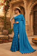 Crepe Silk Printed Sarees With Unstitched Blouse(Blue)