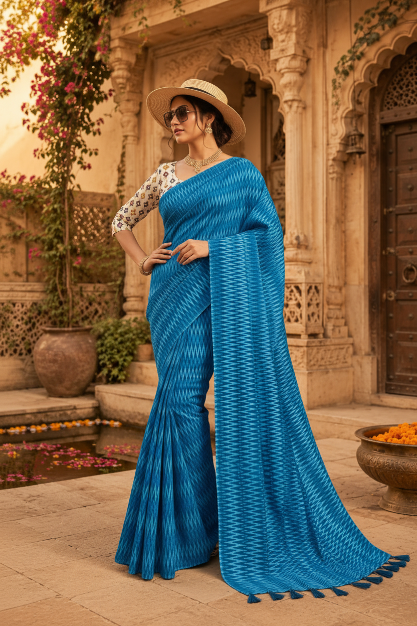 Crepe Silk Printed Sarees With Unstitched Blouse(Blue)