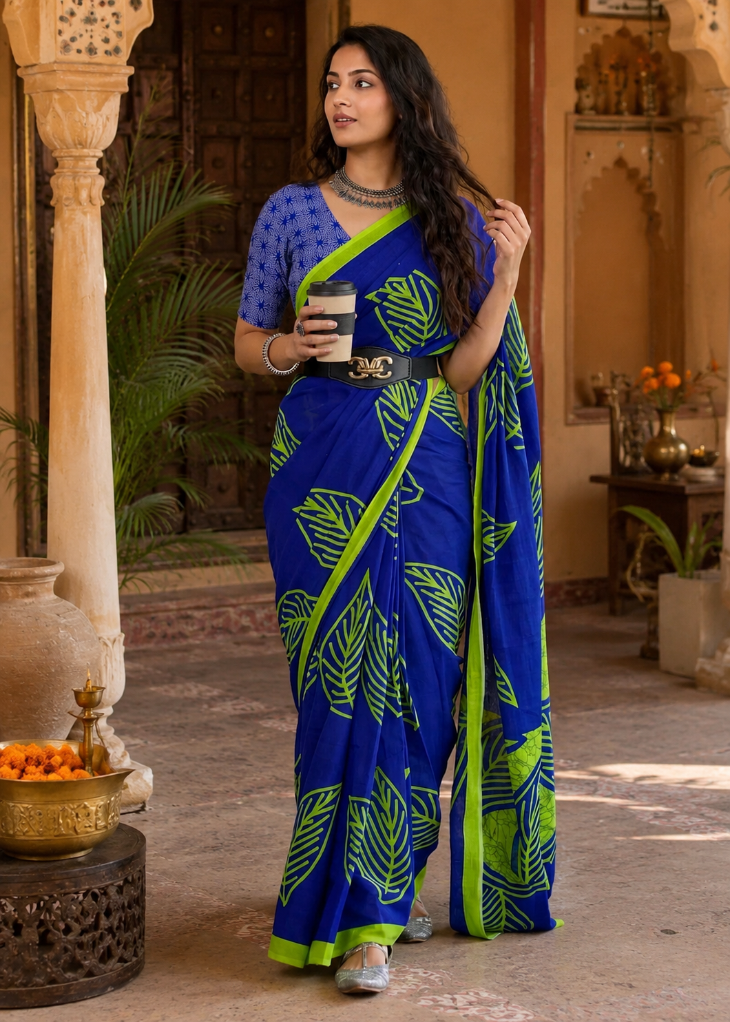 Pure Mulmul Cotton Printed Saree With Unstitched Blouse(Blue)