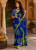Load image into Gallery viewer, Pure Mulmul Cotton Printed Saree With Unstitched Blouse(Blue)

