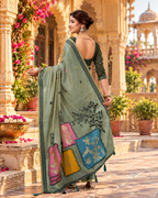 Premium Cotton Printed Saree With Unstitched Blouse(Green)