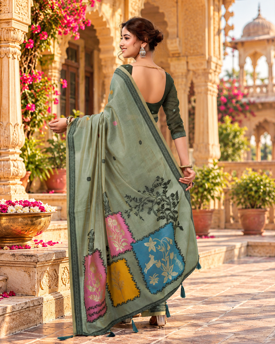Premium Cotton Printed Saree With Unstitched Blouse(Green)