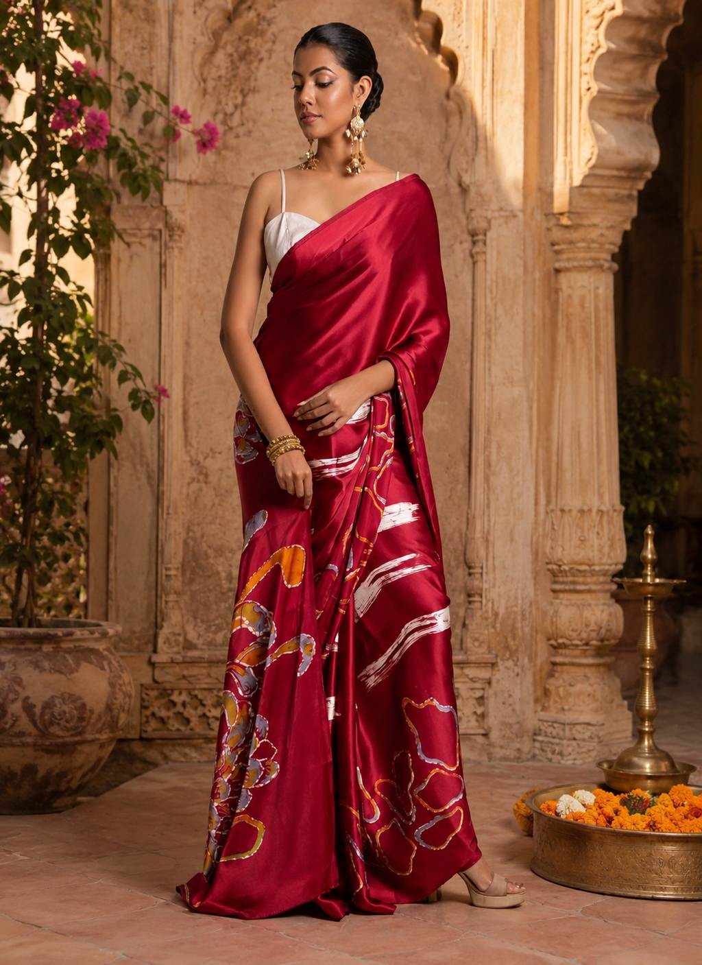 Japan Satin Printed Saree With Unstitched Blouse(Red)