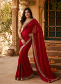 Satin Silk Embroidery Work Saree With Unstitched Blouse(Red)