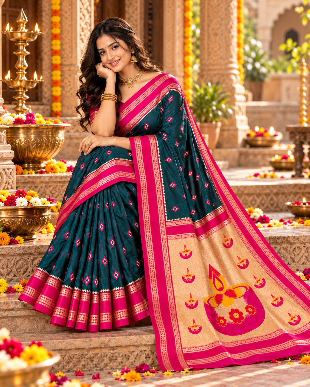 Banarasi Soft Silk Zari Border Saree With Unstitched Blouse(Dark Green)