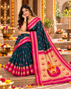 Banarasi Soft Silk Zari Border Saree With Unstitched Blouse(Dark Green)
