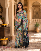 Soft Silk Digital Print Saree With Unstitched Blouse(Black)