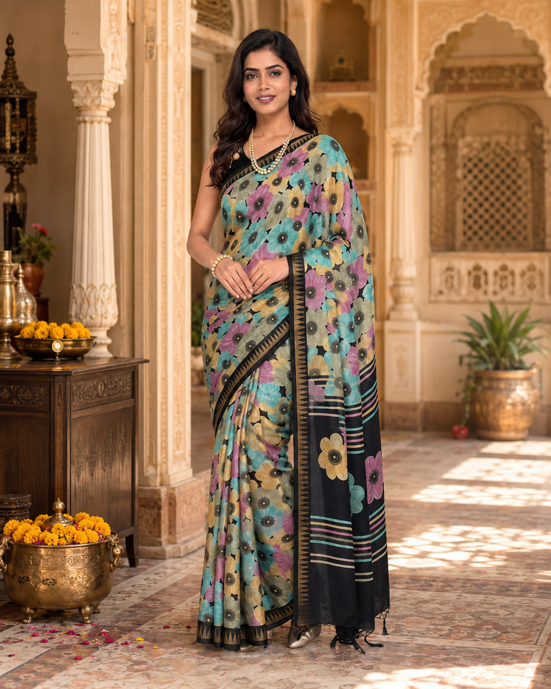 Soft Silk Digital Print Saree With Unstitched Blouse(Black)