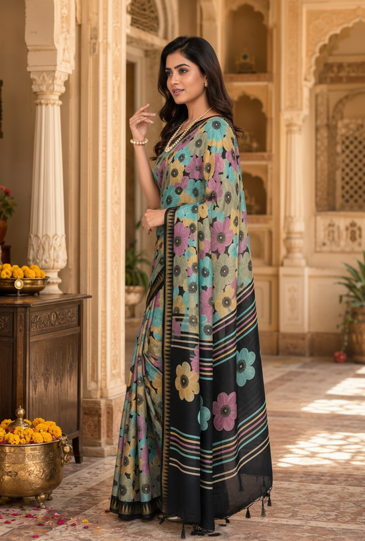 Soft Silk Digital Print Saree With Unstitched Blouse(Black)