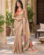 Satin Silk Printed Saree With Unstitched Blouse(Beige)