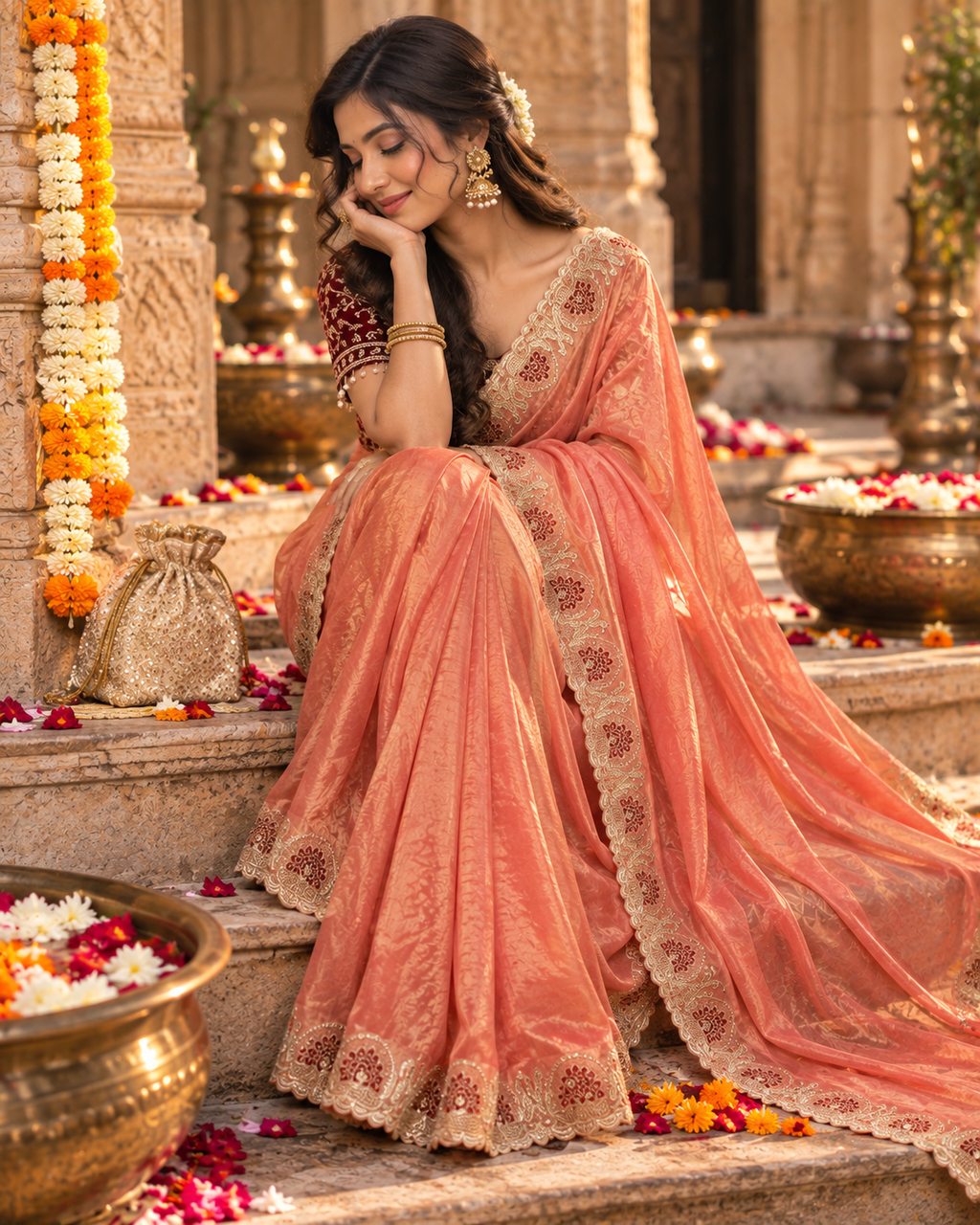 Satin Silk Zari Embroidery Sequin Work Saree With Unstitched Blouse(Peach)