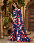 Satin Silk Floral Printed Saree With Unstitched Blouse(Blue)