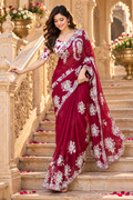 Organza Silk Thread Embroidery Saree With Unstitched Blouse (Maroon)