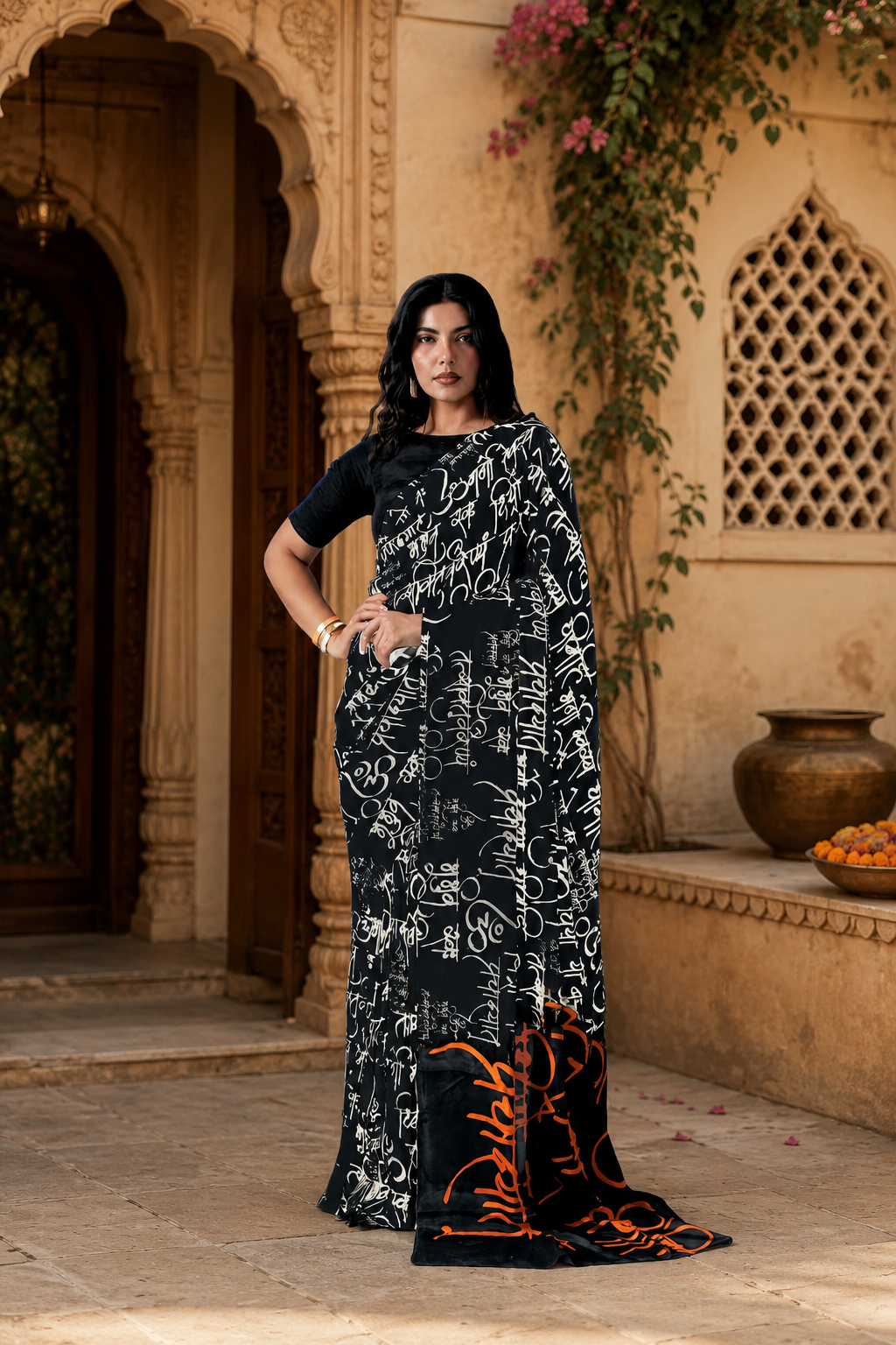 Original Japan Satin Printed Saree With unstitched Blouse(Black)