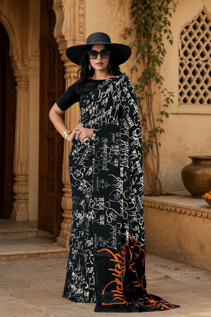 Original Japan Satin Printed Saree With unstitched Blouse(Black)