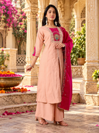 Roman Silk Anarkali Kurti Pant Set With Dupatta(Peach)