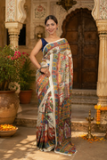 Georgette Digital Print Mirror Work Saree With Unstitched Blouse(White)