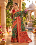 Premium Ashika Handloom Silk Patola Lagadi Patta Zari border Tassels Saree (Green)