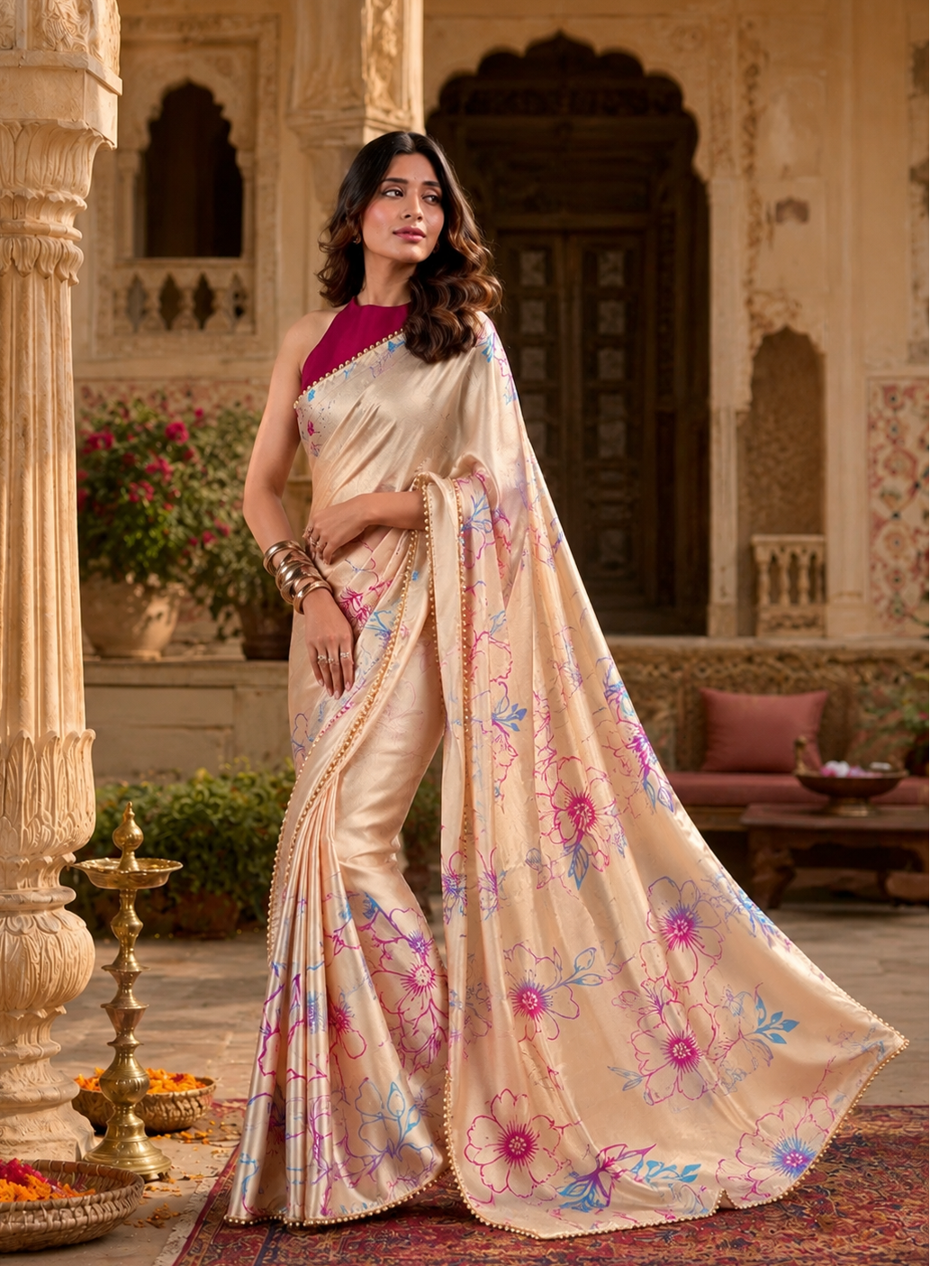 Satin Silk Party Wear Saree With Unstitched Blouse(Beige)