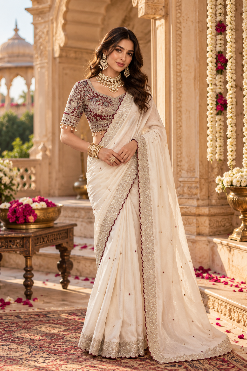 Rangoli Silk Embroidery Work Saree With Unstitched Blouse(White)