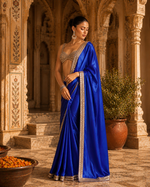 Load image into Gallery viewer, Premium Satin Silk Embroidery Work saree With Unstitched Blouse(Blue)
