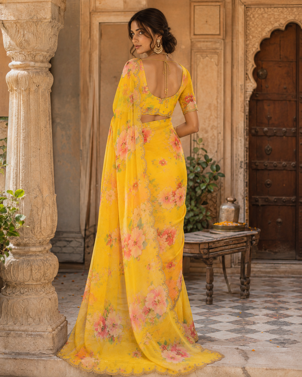 Georgette Floral Print Saree With Unstitched blouse(Yellow)