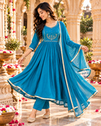 Chanderi Cotton Kurti Pant Set With Dupatta(Blue)