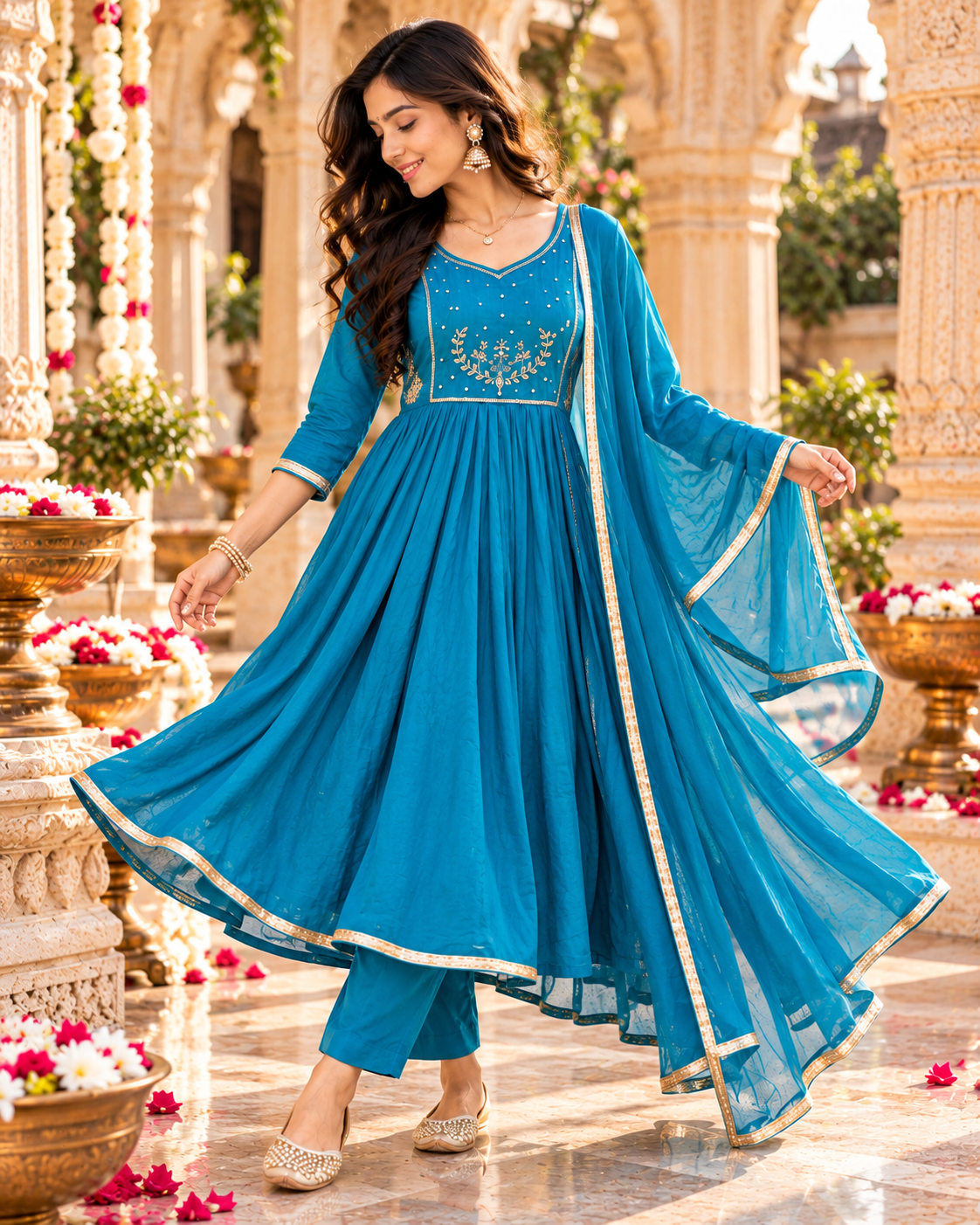 Chanderi Cotton Kurti Pant Set With Dupatta(Blue)