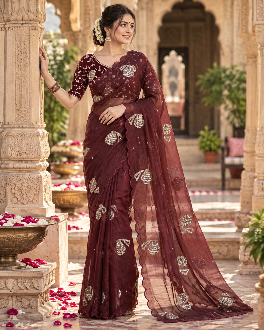 Satin Silk Border Cut Work Saree With Unstitched Blouse(Brown)