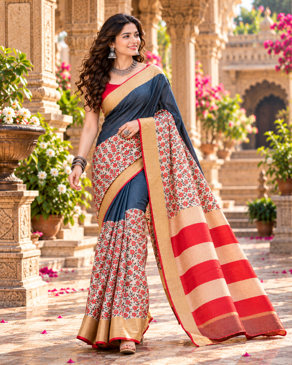 Tussar Silk Kalamkari Print Saree With Unstitched Blouse(Black)