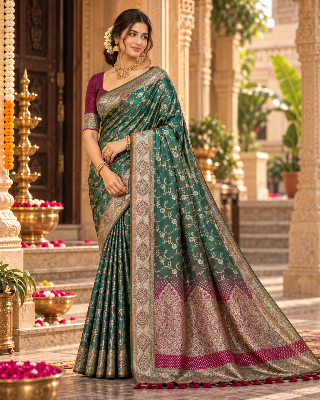 Premium Satin Silk Zari Weaving Border Saree With Unstitched Blouse(Green)